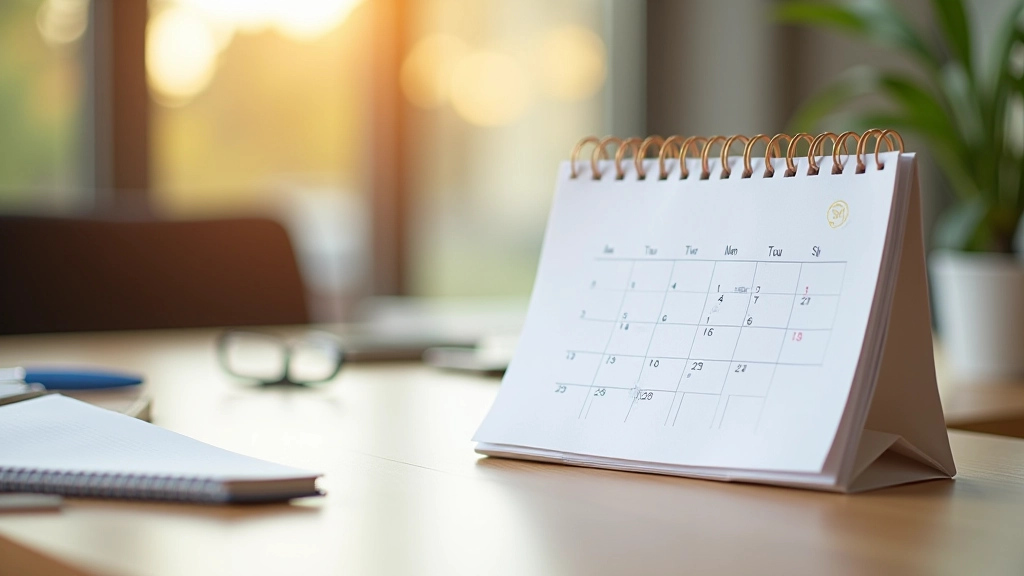 Kalender mit markierten Monaten, Stift und Notizbuch auf Schreibtisch