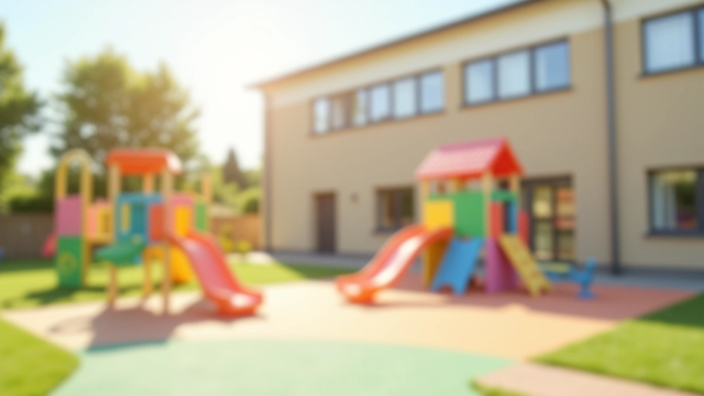 Kinderbetreuungseinrichtung von außen, Spielplatz, bunte Ausstattung