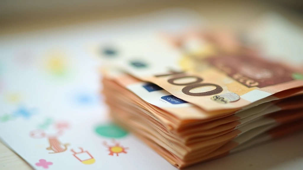 Nahaufnahme von Banknotenbündel und Kinderzeichnungen, helles Licht, unscharfer Hintergrund