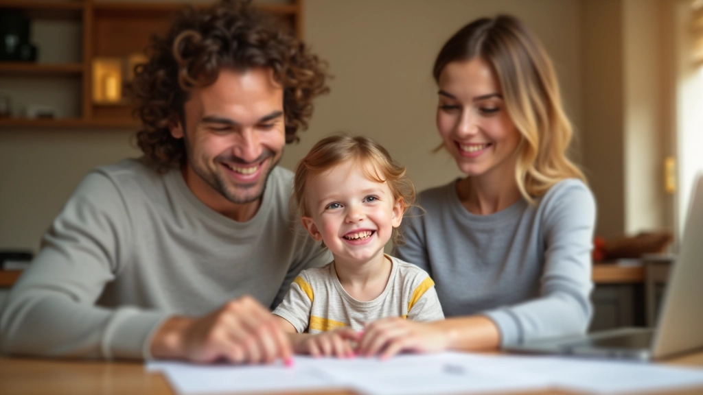 Mutter und Vater mit Kind, lächelnd am Küchentisch mit Dokumenten und Laptop, warmes Licht