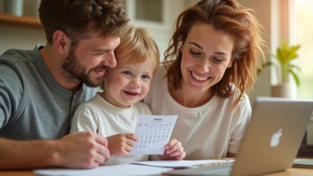 Familie plant Rückkehr in Beruf, Kalender und Laptop mit Tabellen