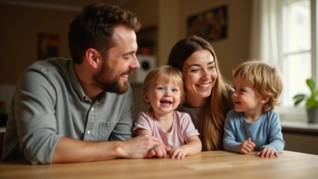 Glückliche Familie mit Kind lächelnd, sitzt zusammen am Esstisch, warmes Zuhause-Licht