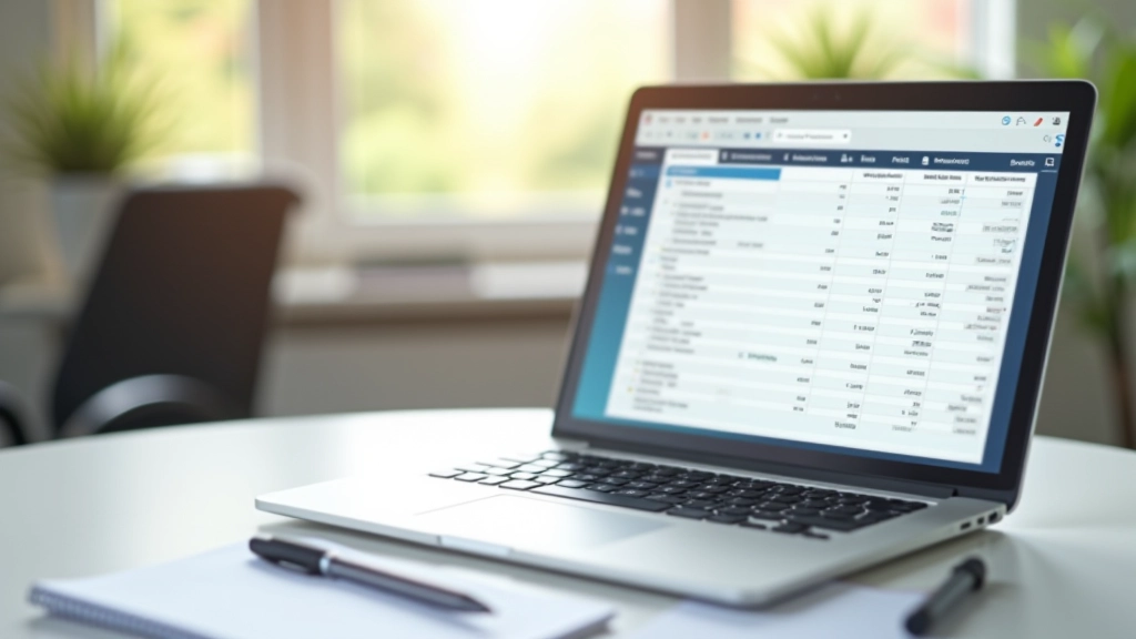 Laptop-Bildschirm mit offener Tabelle und Notizblock daneben auf hellem Schreibtisch