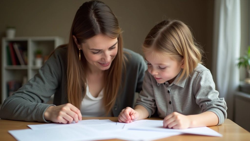 Mutter und Schulkind schauen gemeinsam auf Unterlagen und Antragsformulare