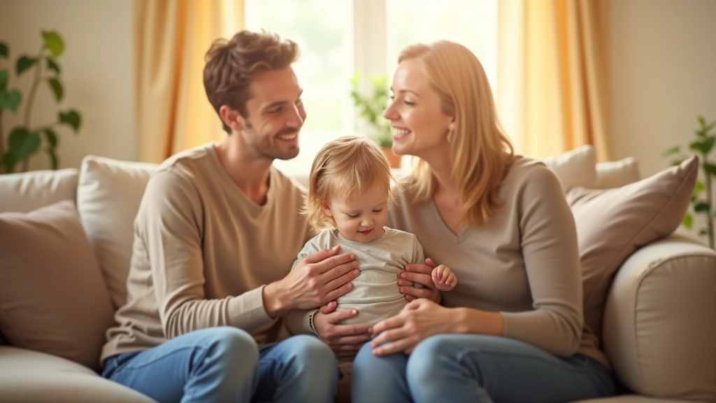 Eltern mit kleinem Kind in Wohnzimmer, Kalender an der Wand, entspannte Atmosphäre