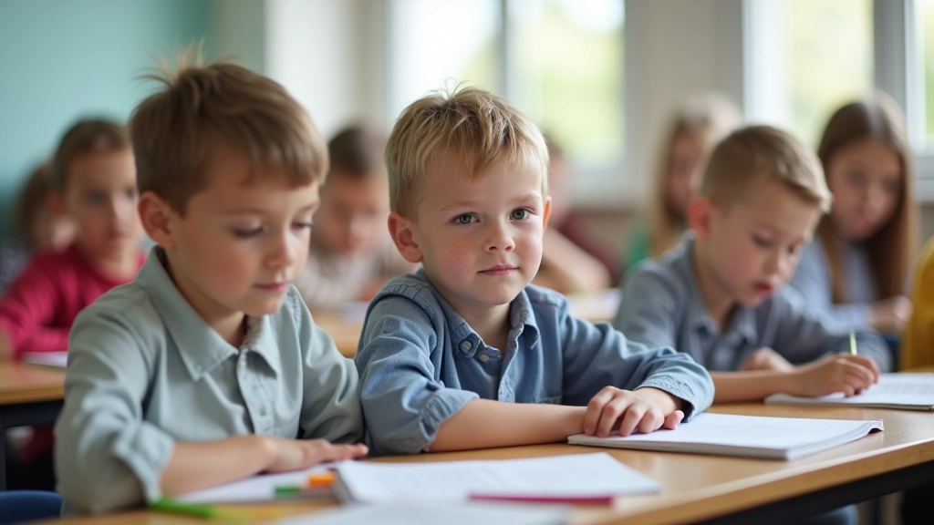 Schulkinder mit Lernmaterialien und Schulbedarf in Klassenzimmer