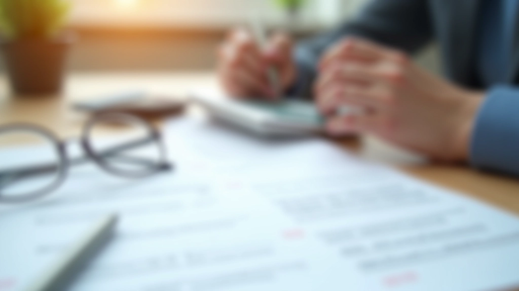 Steuererklärungsformular mit Taschenrechner und Brille auf Schreibtisch, gedimmtes Licht