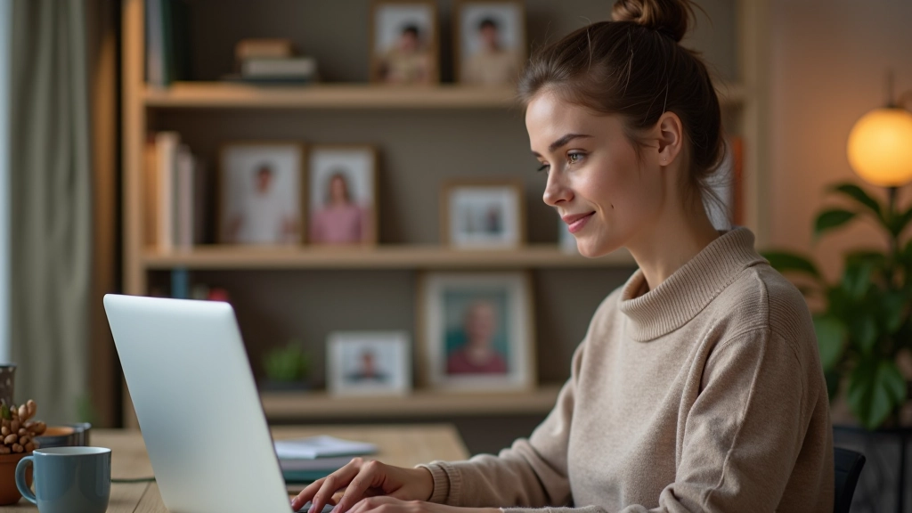 Mutter schaut auf Laptop mit Finanzunterlagen, Notizblock und Tasse auf dem Tisch